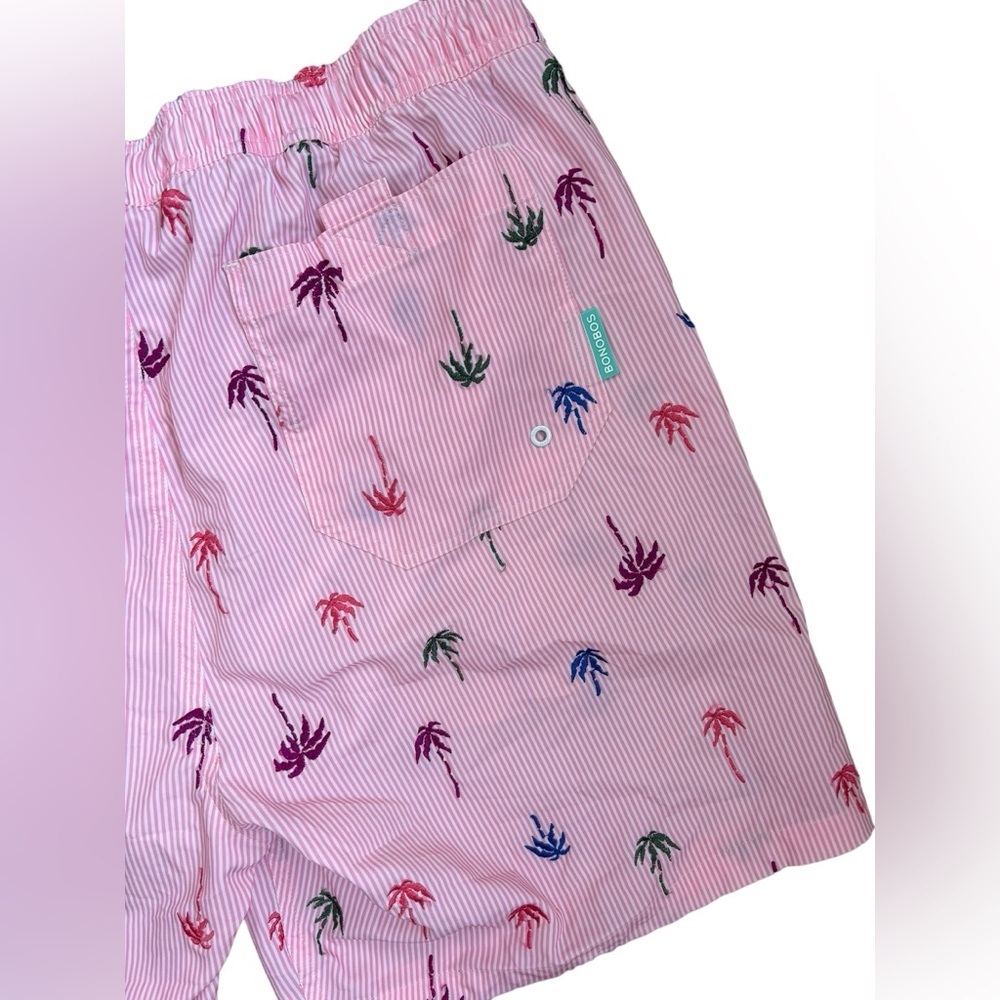 Bonobos Riviera Recycled Swim Trunks Pink Stripes Palm Trees 7” Inseam Size L - Picture 6 of 10
